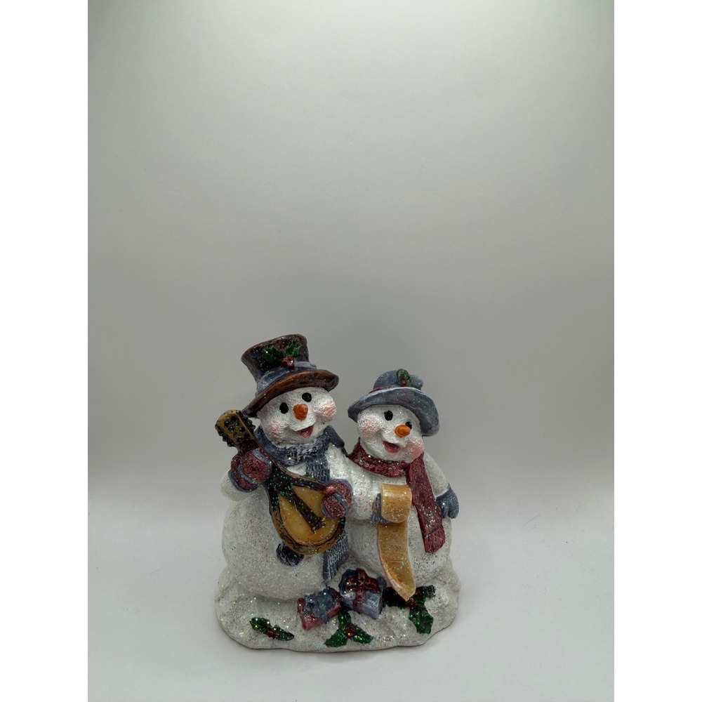 Home Interiors Caroling Snowmen Figurine Musical Mandolin Glitter Holiday Decor